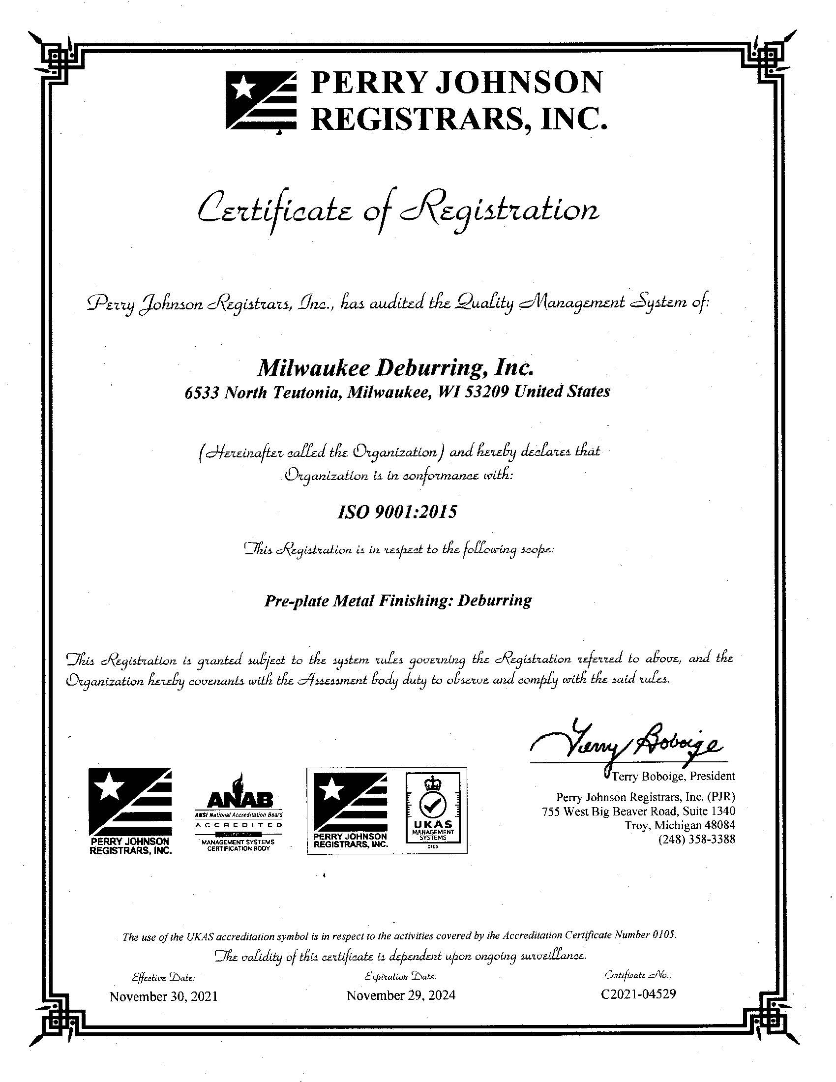 Milwaukee Deburring ISO Certificate for 11-30-21 thru 11-29-2024